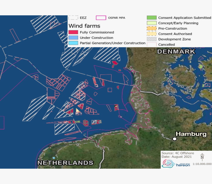 Satellitenbild von Norddeutschland mit Windparkflächen in Nord- und Ostsee