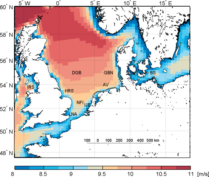  Long-term average wind speeds (m/s) at a height of 100 m for the period of 1958–2012